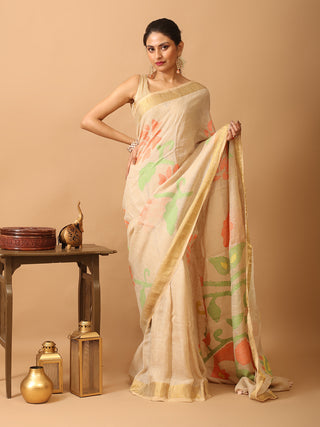 Sandal Colour Hand Woven Linen Jamdani Saree