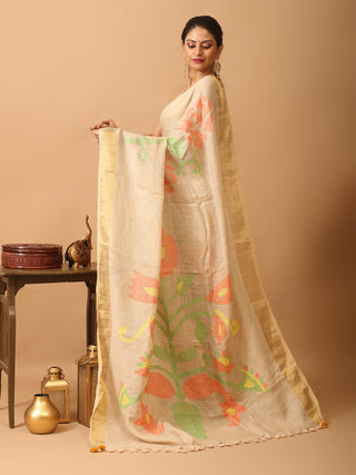 Sandal Colour Hand Woven Linen Jamdani Saree