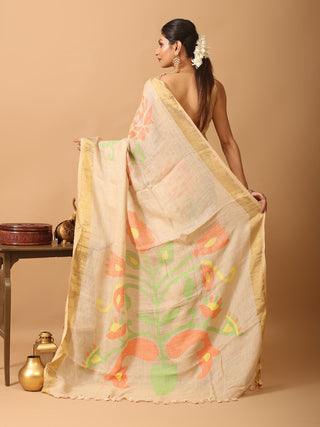 Sandal Colour Hand Woven Linen Jamdani Saree