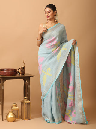 Powder Blue Hand Woven Linen Jamdani Saree