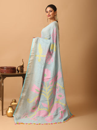 Powder Blue Hand Woven Linen Jamdani Saree