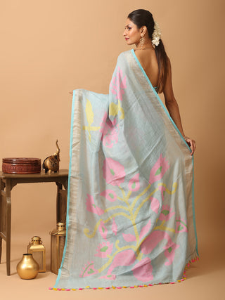 Powder Blue Hand Woven Linen Jamdani Saree