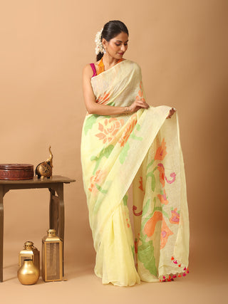 Pale Yellow Hand Woven Linen Jamdani Saree