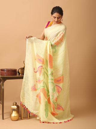 Pale Yellow Hand Woven Linen Jamdani Saree