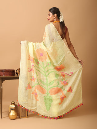 Pale Yellow Hand Woven Linen Jamdani Saree