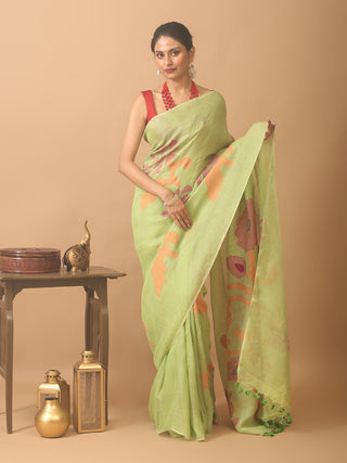 Pistachio Green Hand Woven Linen Jamdani Saree