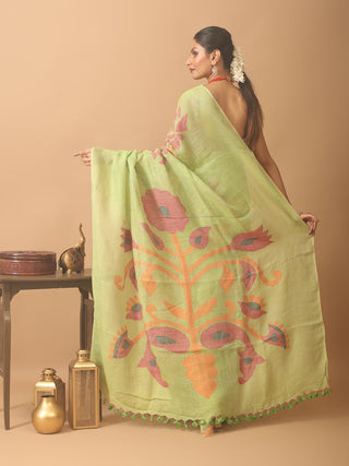 Pistachio Green Hand Woven Linen Jamdani Saree