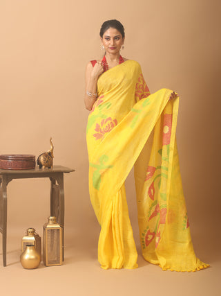 Golden Yellow Hand Woven Linen Jamdani Saree
