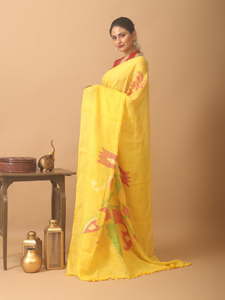 Golden Yellow Hand Woven Linen Jamdani Saree