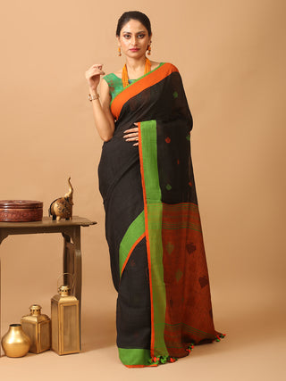 Black Pure Linen-Cotton Saree With Ganga Jamuna Border