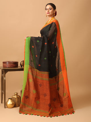 Black Pure Linen-Cotton Saree With Ganga Jamuna Border