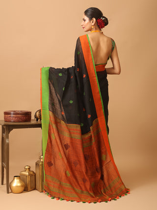 Black Pure Linen-Cotton Saree With Ganga Jamuna Border