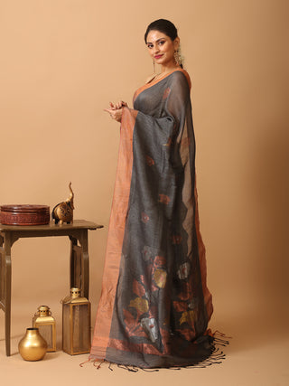 Charcoal Grey Pure Linen-Cotton Jamdani Saree With Copper Zari Border