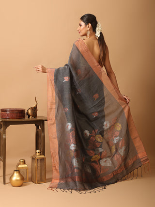 Charcoal Grey Pure Linen-Cotton Jamdani Saree With Copper Zari Border