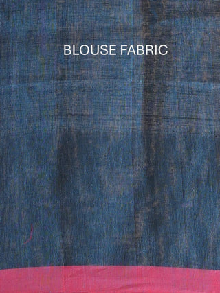 Dark Indigo Blue Linen-Cotton Handloom Saree With Jamdani Weaves
