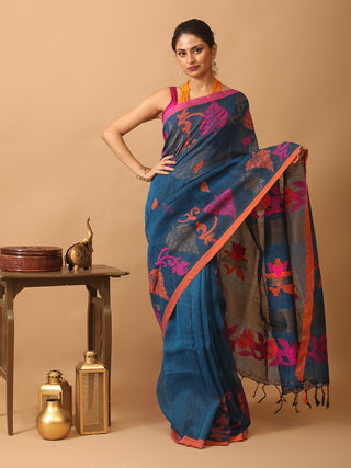 Dark Indigo Blue Linen-Cotton Handloom Saree With Jamdani Weaves