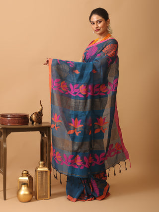 Dark Indigo Blue Linen-Cotton Handloom Saree With Jamdani Weaves