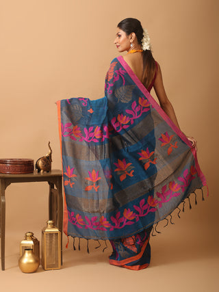 Dark Indigo Blue Linen-Cotton Handloom Saree With Jamdani Weaves