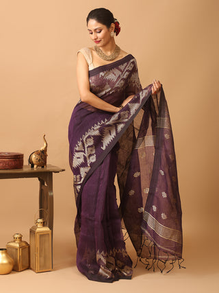 Deep Purple Blended Linen Saree With Dhakai Jamdani Border