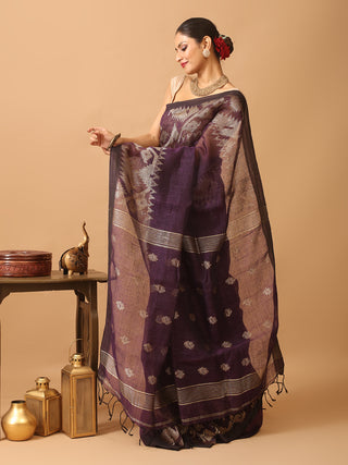 Deep Purple Blended Linen Saree With Dhakai Jamdani Border