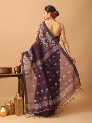 Deep Purple Blended Linen Saree With Dhakai Jamdani Border