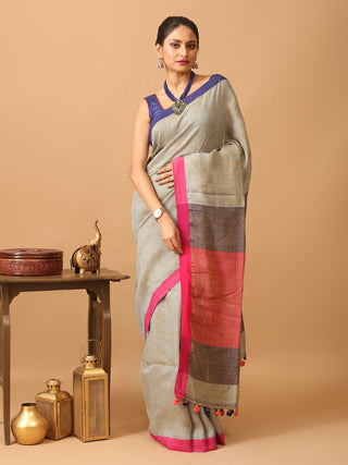 Dual Tone Pure Linen-Cotton Saree With Ganga Jamuna Border