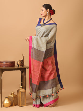 Dual Tone Pure Linen-Cotton Saree With Ganga Jamuna Border