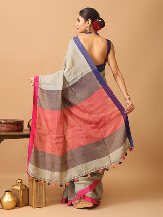 Dual Tone Pure Linen-Cotton Saree With Ganga Jamuna Border