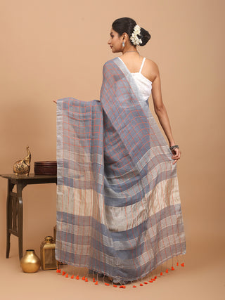 Grey Hand Woven Pure Linen Saree With A Silver Zari Border