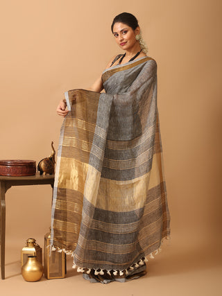 Grey Pure Linen-Cotton Saree With Broad Antique Gold Border
