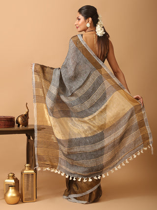 Grey Pure Linen-Cotton Saree With Broad Antique Gold Border