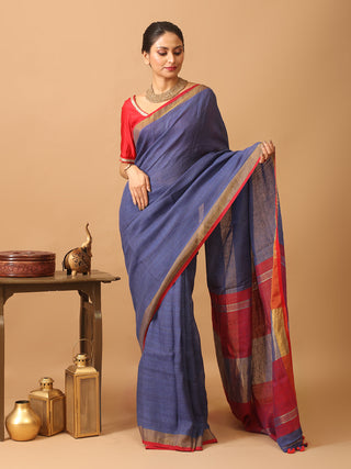 Indigo Blue Pure Linen-Cotton Saree With Matte Golden Zari Border