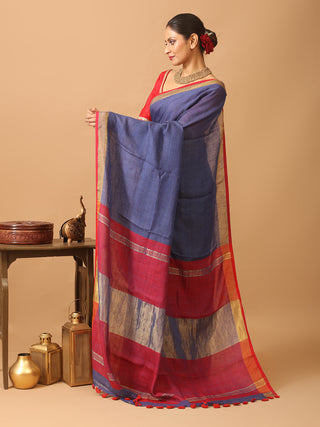 Indigo Blue Pure Linen-Cotton Saree With Matte Golden Zari Border