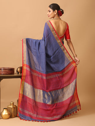 Indigo Blue Pure Linen-Cotton Saree With Matte Golden Zari Border