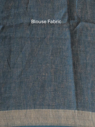 Indigo Blue Pure Linen Jamdani Saree With Silver Zari Border