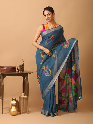 Indigo Blue Pure Linen Jamdani Saree With Silver Zari Border