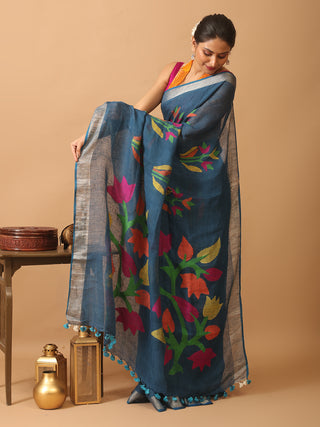 Indigo Blue Pure Linen Jamdani Saree With Silver Zari Border