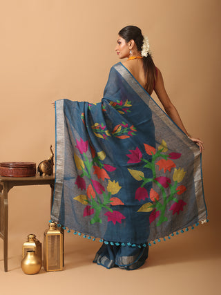Indigo Blue Pure Linen Jamdani Saree With Silver Zari Border