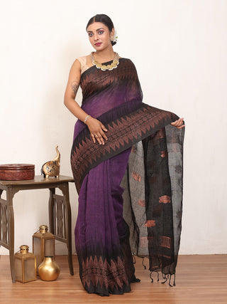 Deep Purple Blended Linen Saree with Copper Tones