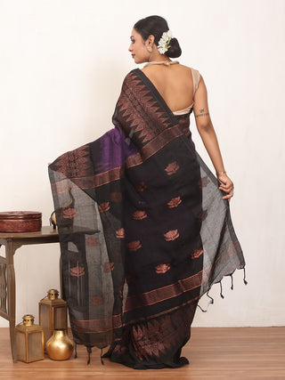 Deep Purple Blended Linen Saree with Copper Tones
