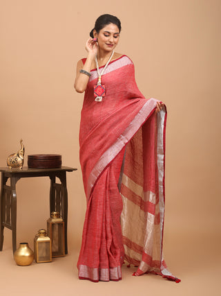 Red Pure Linen Saree With Zari Border