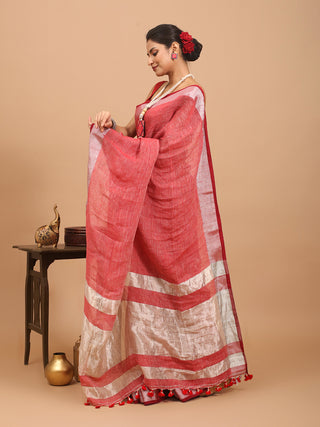 Red Pure Linen Saree With Zari Border