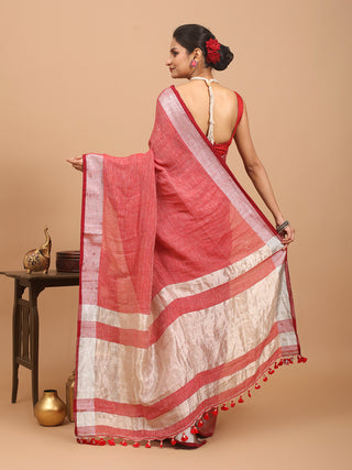 Red Pure Linen Saree With Zari Border