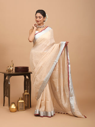 Beige Handloom Linen Saree with Silver Border