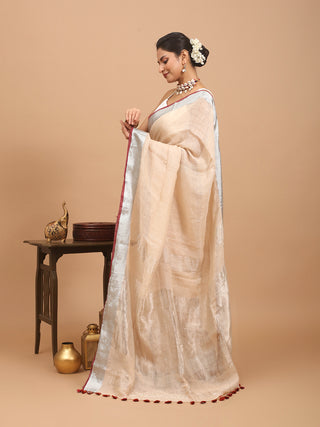 Beige Handloom Linen Saree with Silver Border