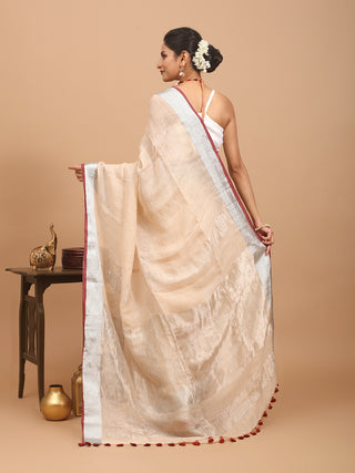 Beige Handloom Linen Saree with Silver Border
