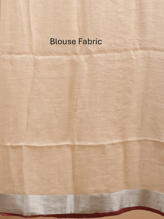 Beige Handloom Linen Saree with Silver Border