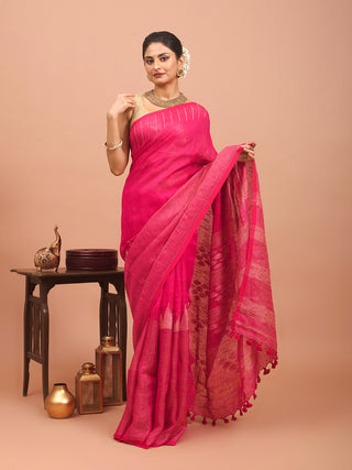 Fuchsia Handloom Linen Saree with Subtle Stripes