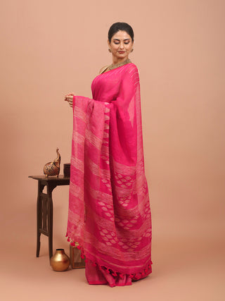 Fuchsia Handloom Linen Saree with Subtle Stripes