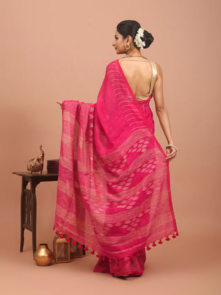 Fuchsia Handloom Linen Saree with Subtle Stripes